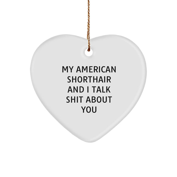 Funny American Shorthair Cat Lover Gifts from Friends for Christmas - Heart Ornament with 'My American Shorthair And I Talk Shit About You' Quote - Image 1
