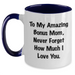 Funny Bonus Mom Gifts from Men to My Amazing Bonus Mom, Never Forget How Much I Love You. Two Tone Coffee Mug for Graduation - Main