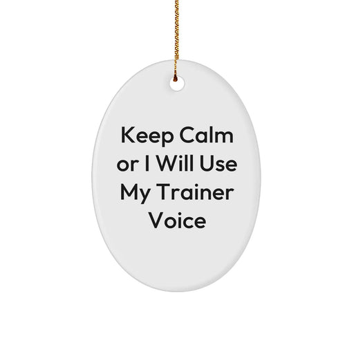 Funny Trainer Gifts from Friends for Christmas - Oval Ornament with 'Keep Calm Or I Will Use My Trainer Voice' Quote - Image 1