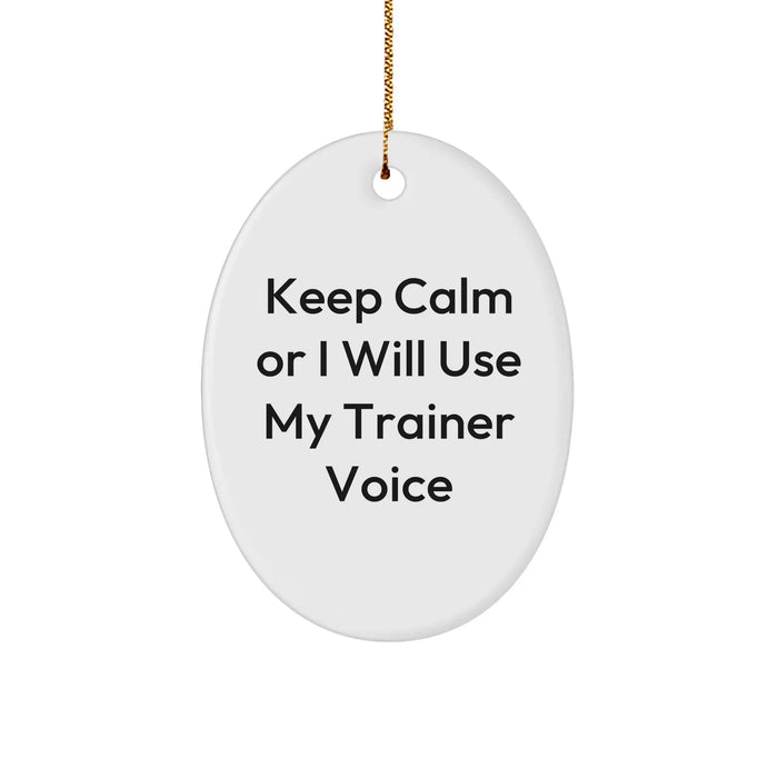 Funny Trainer Gifts from Friends for Christmas - Oval Ornament with 'Keep Calm Or I Will Use My Trainer Voice' Quote - Image 1