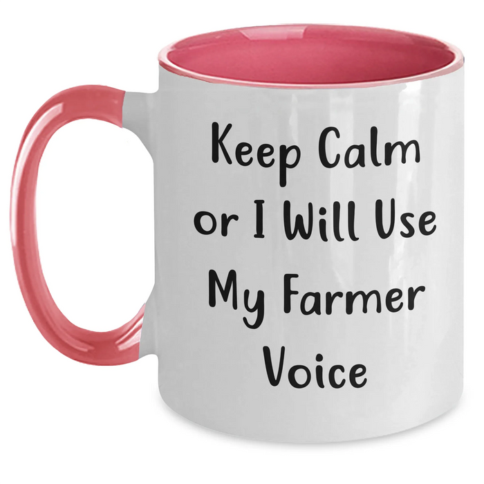 Funny Two Tone Coffee Mugs for Farmer Gifts - 'Keep Calm Or I Will Use My Farmer Voice' for Mother's Day - Main
