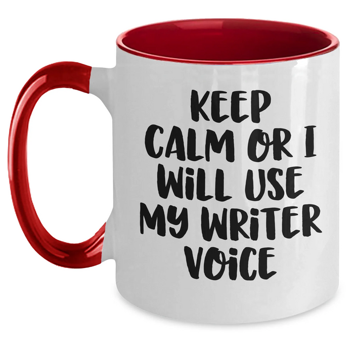 Funny Writer Gifts from Friends, Unique Two Tone Coffee Mug for Mother's Day, Keep Calm or I'll Use My Writer Voice, Writer's Humor, Writers' Appreciation Gifts for Him/Her - Main