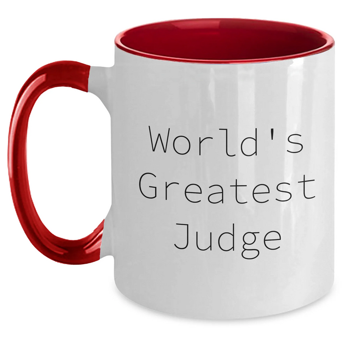Funny Judge Gifts from World's Greatest Judge Two Tone Coffee Mug for Graduation, Black and White, Red and White, Navy and White, and Pink and White Options, Microwave and Dishwasher Safe - Main