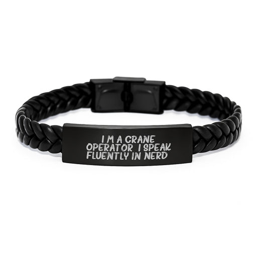 Funny Crane Operator Gifts for Men - Interlaced Leather Bracelet with Fluently genius Quote, Gifts from Friends and Family for Christmas Unique Presents - Image 1