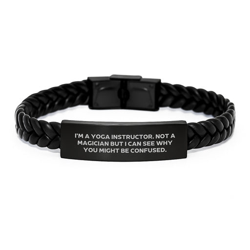 Yoga Instructor Gifts from Men to Friends - Funny Quote Interlaced Leather Bracelet, Christmas Unique Gifts for Yoga Instructors, Stainless Steel and PU Leather Combination - Image 1