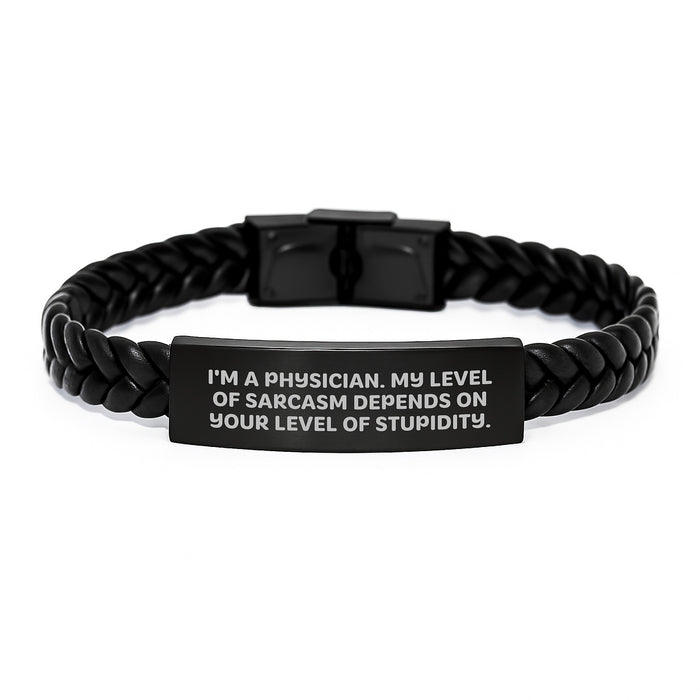 Funny Physician Gifts from Men to Physician Friends - Sarcasm Level Adjustable Interlaced Leather Bracelet for Physician on Father's Day - Image 1