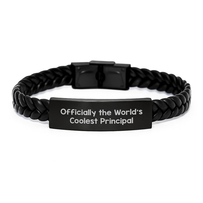 Gifts from Men for Principal, Funny 'Officially The World's Coolest Principal' Interlaced Leather Bracelet, Unique Mother's Day Unique Gifts - Image 1