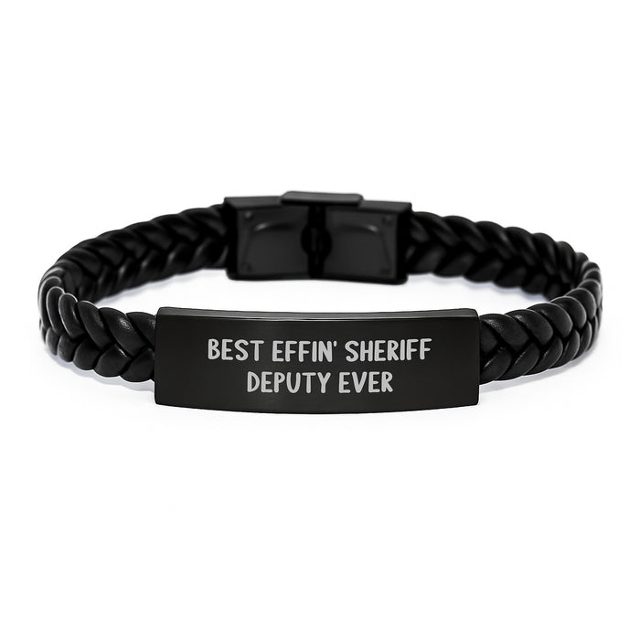 Funny Sheriff Deputy Gifts from Men to Sheriff Deputy Friends - Best Effin' Sheriff Deputy Ever Interlaced Leather Bracelet, Christmas Unique Gifts for Sheriff Deputy - Image 1