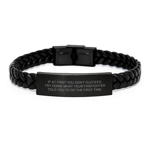 Funny Firefighter Gifts for Men, Inspirational Interlaced Leather Bracelet with Engraved Stainless Steel - Gifts from Family, Firefighter Mom's Day Unique Gift - Image 1