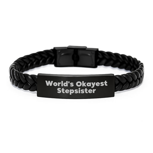 Funny Stepsister Gifts, World's Okayest Stepsister Interlaced Leather Bracelet, Graduation Unique Gifts for Stepsister from Family - Image 1
