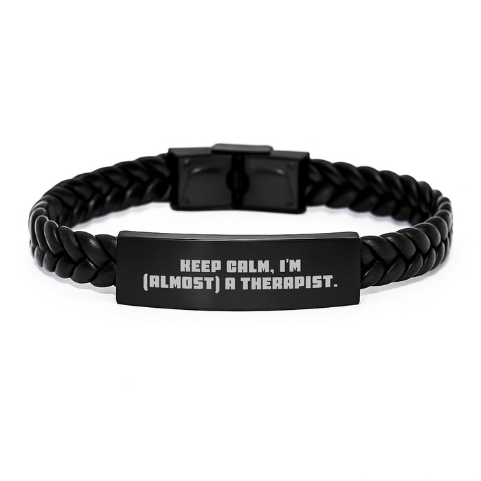 Therapist Funny Graduation Gifts from Family to Therapist, Keep Calm I'm almost Therapist Interlaced Leather Bracelet for Therapist - Image 1
