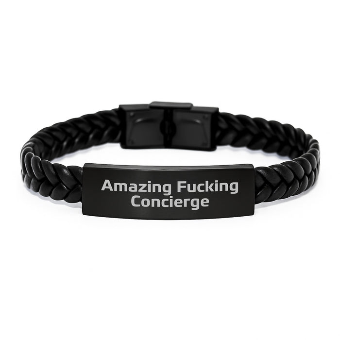 Gifts from Concierge Friends and Family for Graduation Unique Interlaced Leather Bracelets with Funny Quote 'Amazing F--king Concierge' - Image 1