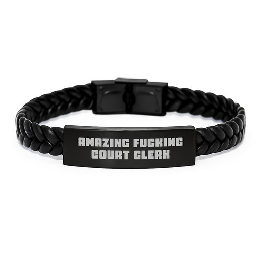 Funny Court Clerk Gifts from Friends, Interlaced Leather Bracelet for Court Clerk Men, 'Amazing F--king Court Clerk' Engraved Graduation Unique Gifts - Image 1