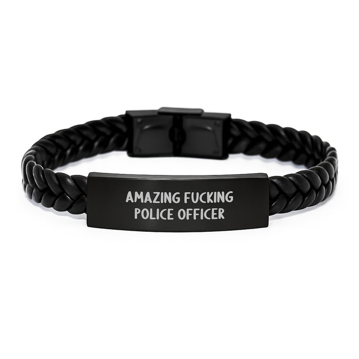 Funny Police Officer Gifts, Interlaced Leather Bracelet for Men, Graduation Unique Gifts from Friends, 'Amazing F--king Police Officer' Engraved - Image 1