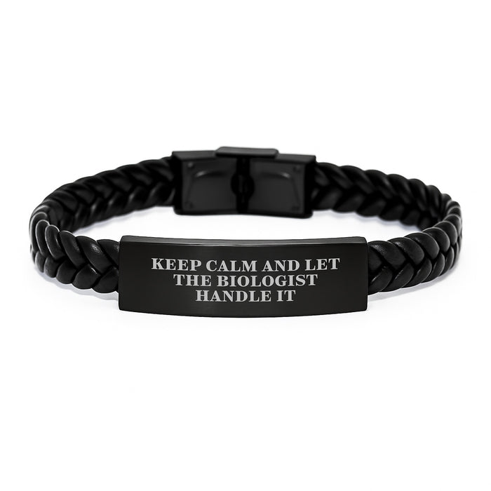 Biologist Graduation Unique Gifts for Him from Son - Keep Calm And Let The Biologist Handle It Interlaced Leather Bracelet - Image 1