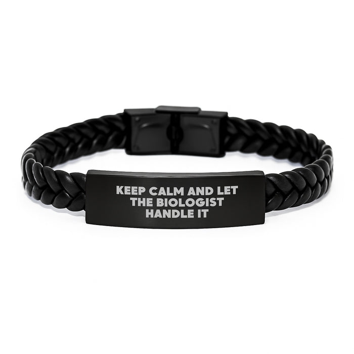 Funny Biologist Gifts for Men - Keep Calm Let Biologist Handle It Interlaced Leather Bracelet for Graduate Biologist - Image 1