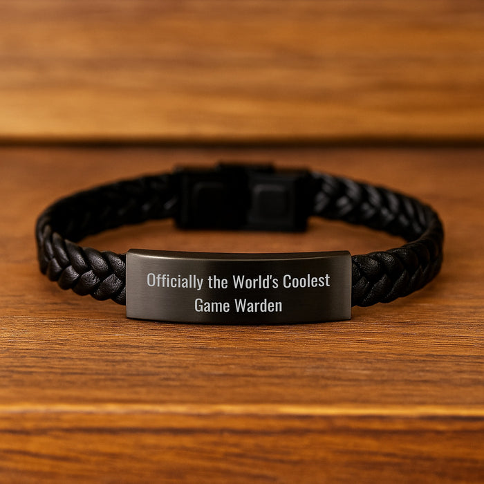Gifts from Family for Game Wardens, Officially The 'World's Coolest Game Warden' Interlaced Leather Bracelet for Men on Mother's Day - Image 2