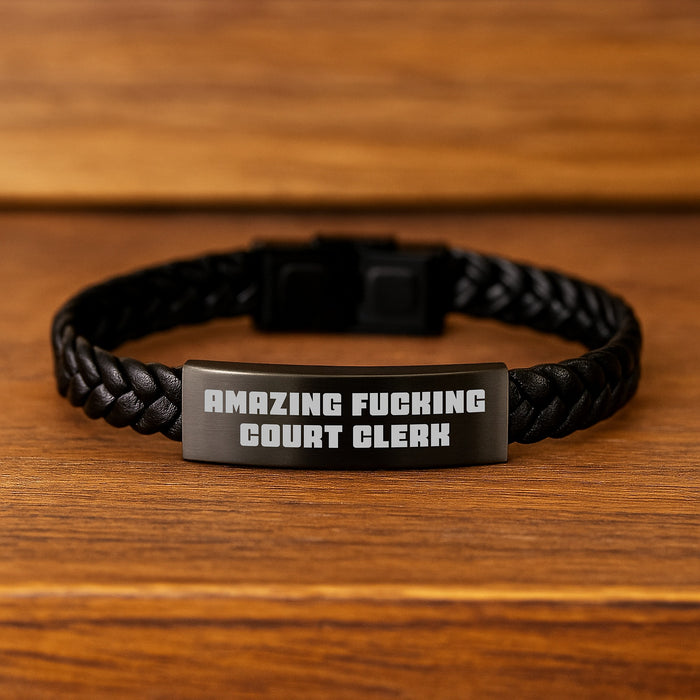Funny Court Clerk Gifts from Friends, Interlaced Leather Bracelet for Court Clerk Men, 'Amazing F--king Court Clerk' Engraved Graduation Unique Gifts - Image 2