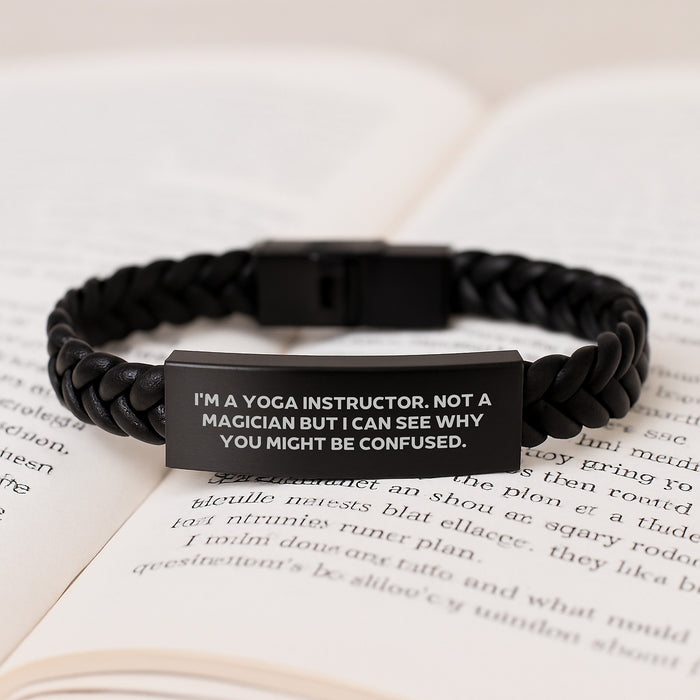 Yoga Instructor Gifts from Men to Friends - Funny Quote Interlaced Leather Bracelet, Christmas Unique Gifts for Yoga Instructors, Stainless Steel and PU Leather Combination - Image 3