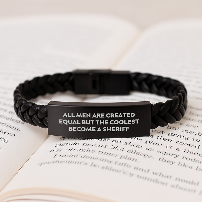 Funny Sheriff Gifts for Men, Interlaced Leather Bracelet with 'All Men Are Created Equal But The Coolest Become A Sheriff' Quote, Christmas Unique Presents from Friends to Family - Image 3