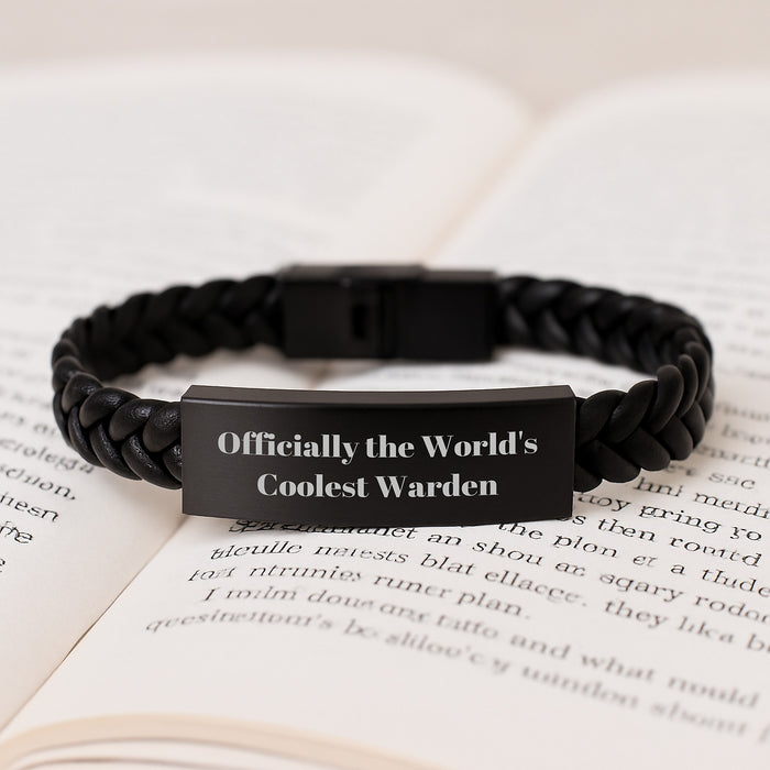 Funny Warden Gifts for Men - Interlaced Leather Bracelet from Dad - 'Officially The World's Coolest Warden' Quote on Father's Day - Image 3