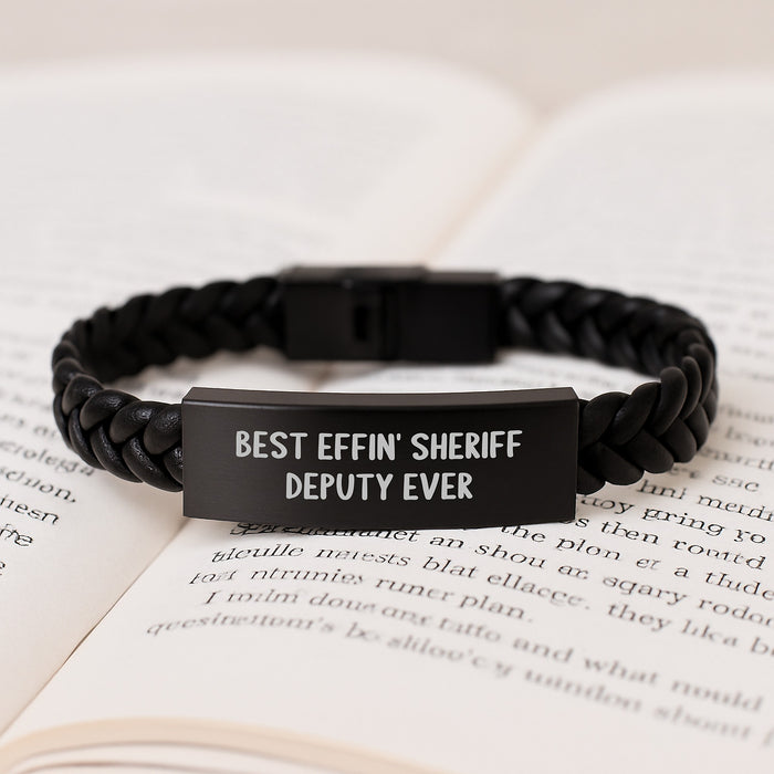 Funny Sheriff Deputy Gifts from Men to Sheriff Deputy Friends - Best Effin' Sheriff Deputy Ever Interlaced Leather Bracelet, Christmas Unique Gifts for Sheriff Deputy - Image 3