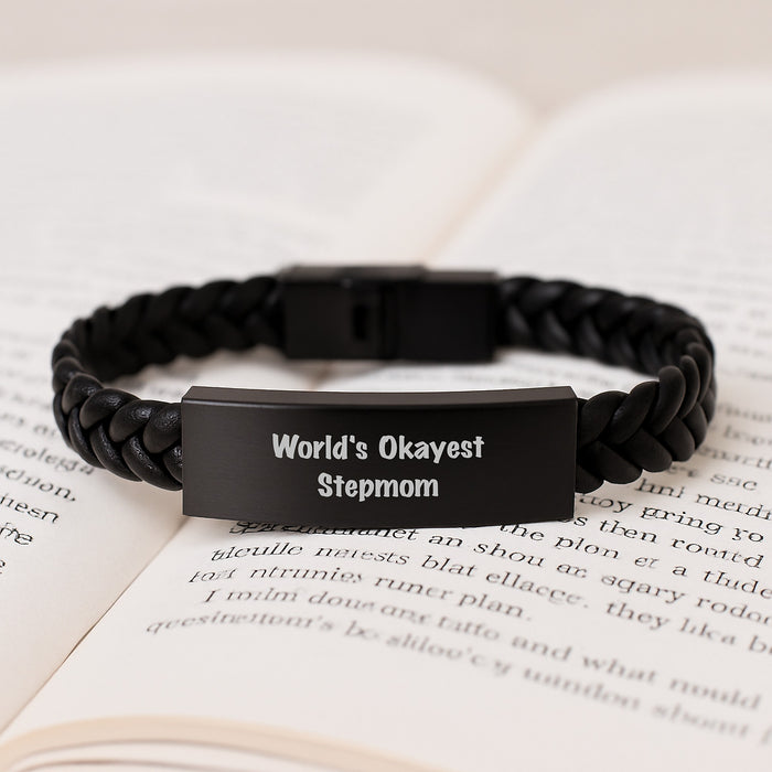 Funny Stepmom Gifts from Family - Interlaced Leather Bracelet for Mom - World's Okayest Stepmom Quote - Graduation Unique Gifts for Stepmom - Image 3
