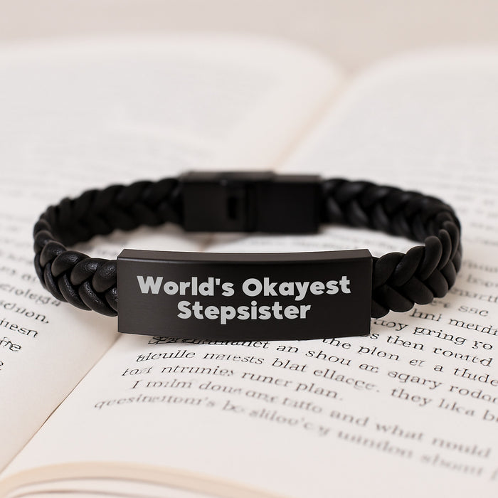 Funny Stepsister Gifts, World's Okayest Stepsister Interlaced Leather Bracelet, Graduation Unique Gifts for Stepsister from Family - Image 3