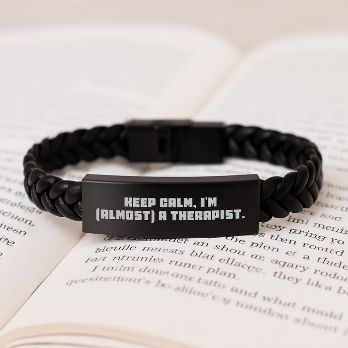 Therapist Funny Graduation Gifts from Family to Therapist, Keep Calm I'm almost Therapist Interlaced Leather Bracelet for Therapist - Image 3
