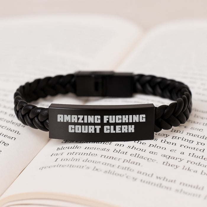 Funny Court Clerk Gifts from Friends, Interlaced Leather Bracelet for Court Clerk Men, 'Amazing F--king Court Clerk' Engraved Graduation Unique Gifts - Image 3