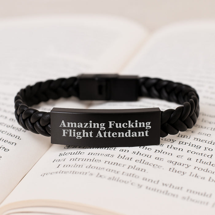 Funny Flight Attendant Gifts, Inspirational Interlaced Leather Bracelet, Graduation Unique Gifts for Flight Attendant, Men, Women, Friends, Coworkers, Family, 'Amazing F--king Flight Attendant' Quote - Image 3