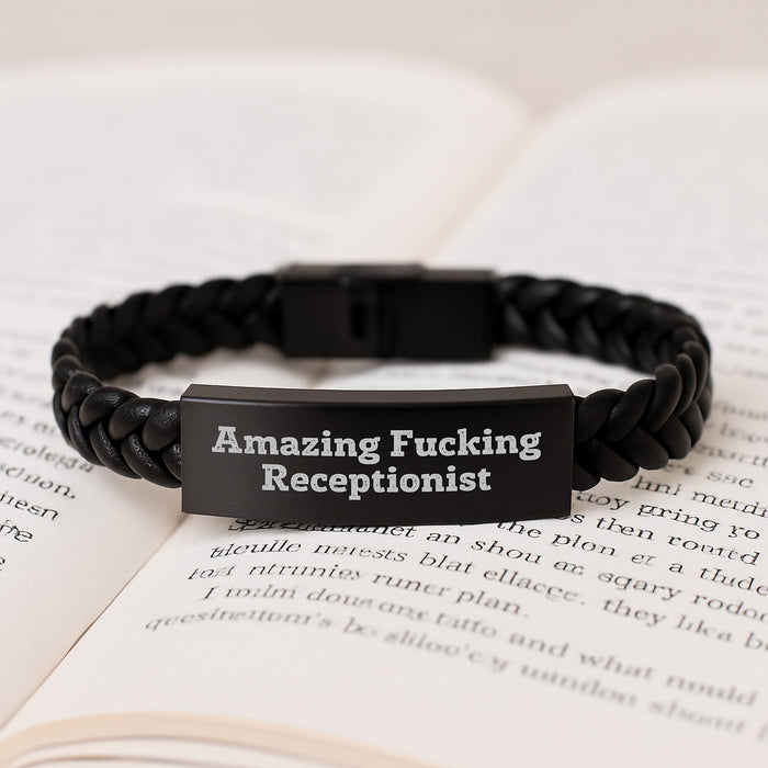 Funny Gifts for Receptionist Men Women Coworkers, Interlaced Leather Bracelet for Graduation Unique Gifts from Friends Family, 'Amazing F--king Receptionist' Quote Engraved Stainless Steel Bracelet - Image 3