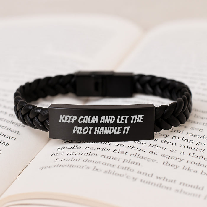 Funny Pilot Gifts for Men from Friends - Keep Calm and Let the Pilot Handle It Interlaced Leather Bracelet, Graduation Unique Gifts - Image 3