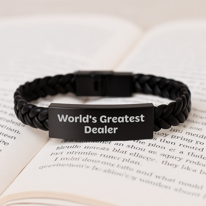 World's Greatest Dealer Funny Quote Interlaced Leather Bracelet Gifts for Men from Friends, Christmas Unique Gifts for Dealer, Interlaced Leather Bracelet for Men - Image 3