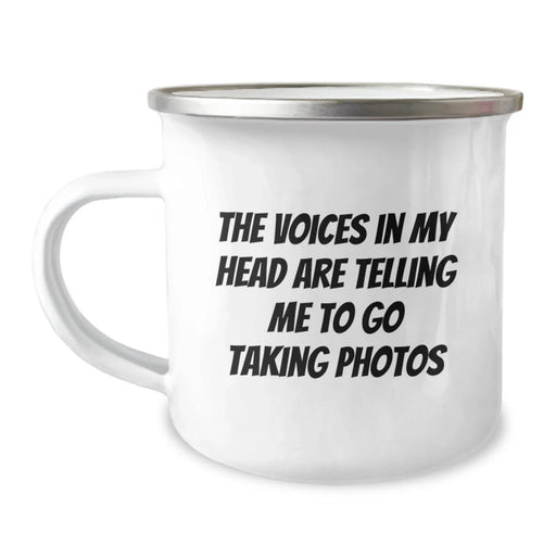 Funny Taking Photos Gifts for Friends, Camping Mug with Quote 'The Voices In My Head Are Telling Me To Go Taking Photos', Birthday Unique Gifts from Family - Image 1