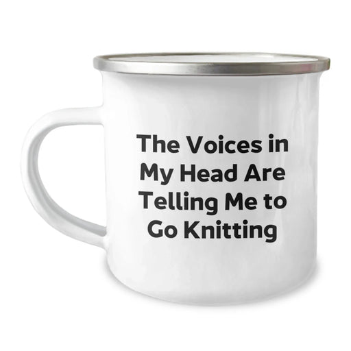 Funny Knitting Gifts for Friends, Birthday Unique Camping Mug for Knitting Enthusiasts, The Voices In My Head Are Telling Me To Go Knitting Quote - Image 1