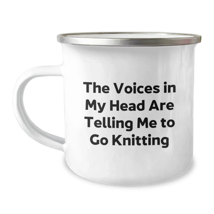 Funny Knitting Gifts for Friends, Birthday Unique Camping Mug for Knitting Enthusiasts, The Voices In My Head Are Telling Me To Go Knitting Quote - Image 1