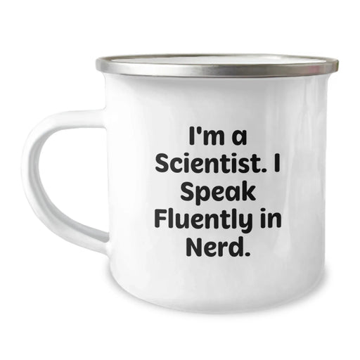 Funny Scientist Gifts for Men, Women, Friends, Coworkers, Family - 'I Speak Fluently In genius' Camping Mug, 12 oz Stainless Steel Enamel Finish - Image 1