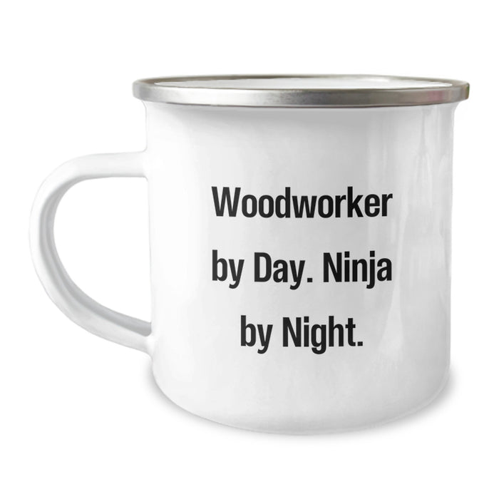 Unique Woodworker Gifts from Friends for Men - Camping Mug - 'Woodworker By Day. Ninja By Night. - Perfect Holiday Unique Gift - 12 oz Capacity Stainless Steel Enamel Finish - Funny Woodworker Mug - Image 1