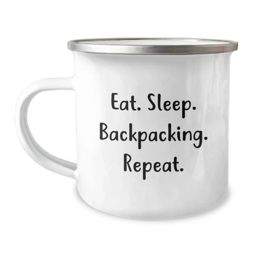 Funny Backpacking Gifts for Friends, Christmas Unique Presents for Men and Women, Camping Mug with Eat. Sleep. Backpacking. Repeat. - Image 1