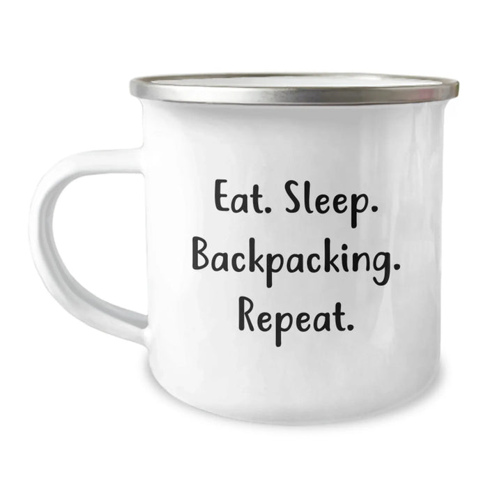 Funny Backpacking Gifts for Friends, Christmas Unique Presents for Men and Women, Camping Mug with Eat. Sleep. Backpacking. Repeat. - Image 1
