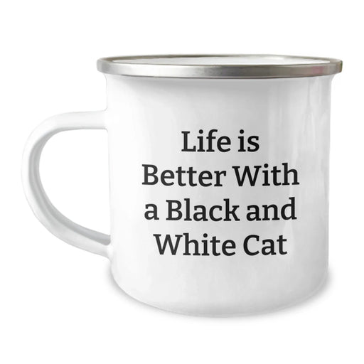 Funny Black and White Cat Gifts from Friends and Family - Birthday Unique Mug with Life Is Better Quote, 12 oz Stainless Steel Camping Mug - Image 1