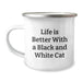 Funny Black and White Cat Gifts from Friends and Family - Birthday Unique Mug with Life Is Better Quote, 12 oz Stainless Steel Camping Mug - Image 1