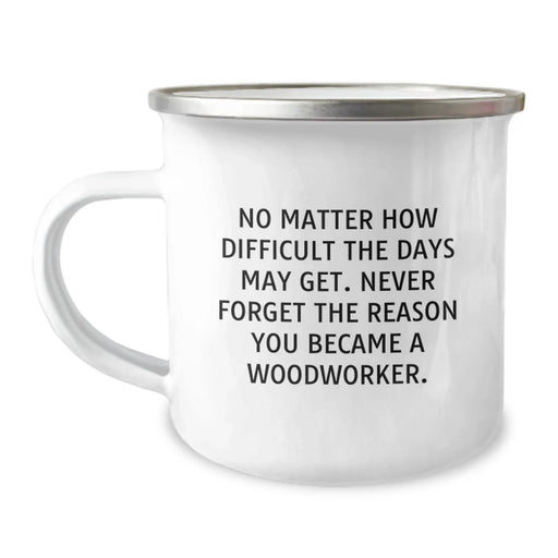 Funny Woodworker Gift Ideas for Men's Camping Mug - Never Forget Why You Became a Woodworker, Birthday Unique Gifts from Men to Woodworker Friends, Inspirational Quote on Stainless Steel Enamel Mug - Image 1