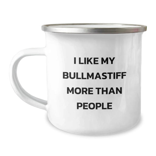 Bullmastiff Dog Lovers Funny Gifts from Family for Birthday - 'I Like My Bullmastiff More Than People' Quote on Camping Mug, 12 oz Stainless Steel with Enamel Finish - Image 1