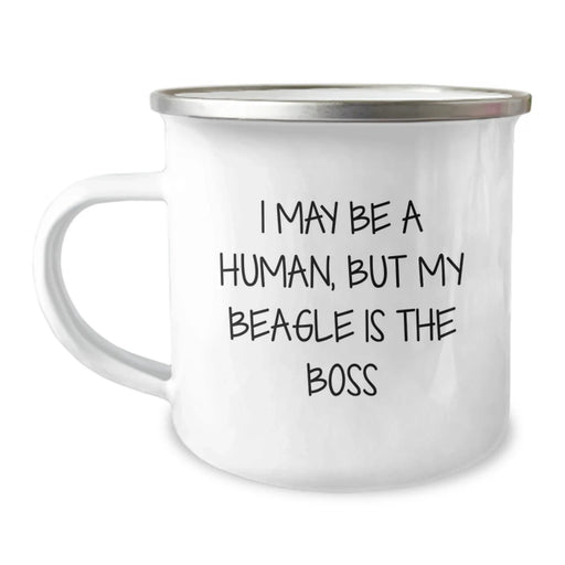 Beagle Dog Camping Mug, Funny Gifts from Friends or Family for Birthday Unique Gifts - I May Be A Human, But My Beagle Is The Boss - Image 1