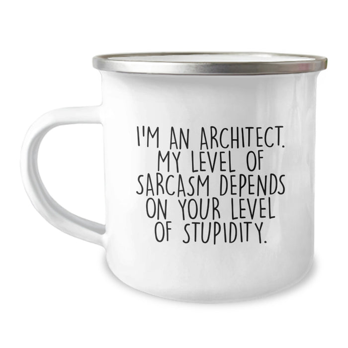 Funny Architect Gifts for Men - 'I'm An Architect. My Level Of Sarcasm Depends On Your Level Of Stupidity.' Enamel Camping Mug, Perfect for Dad on Father's Day - Image 1