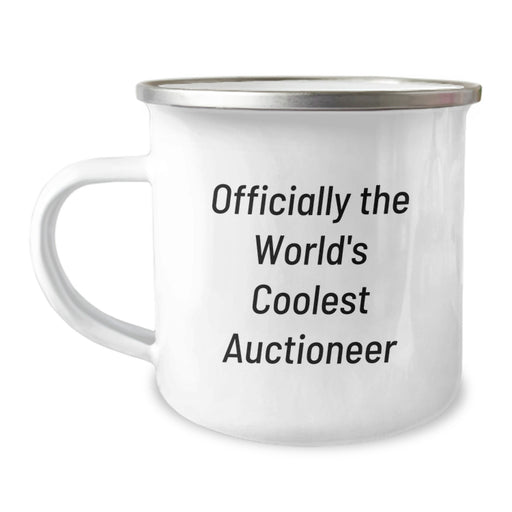 Funny Auctioneer Gifts from Men to Dad, 'Officially The World's Coolest Auctioneer' Quote on a Unique Camping Mug for Fathers Day - Image 1