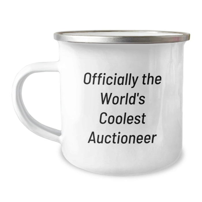 Funny Auctioneer Gifts from Men to Dad, 'Officially The World's Coolest Auctioneer' Quote on a Unique Camping Mug for Fathers Day - Image 1