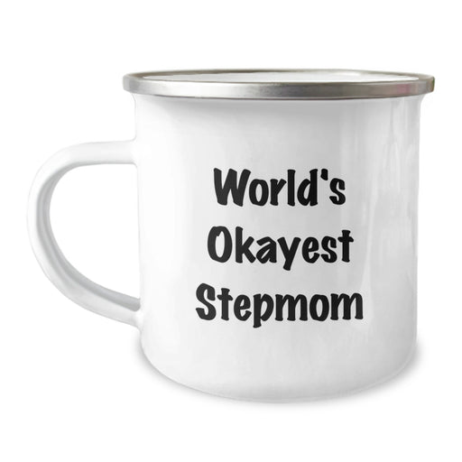 Funny Stepmom Gifts from Family for World's Okayest Stepmom Graduation Unique Camping Mugs, Stainless Steel with Enamel Finish, 12 oz Capacity - Image 1